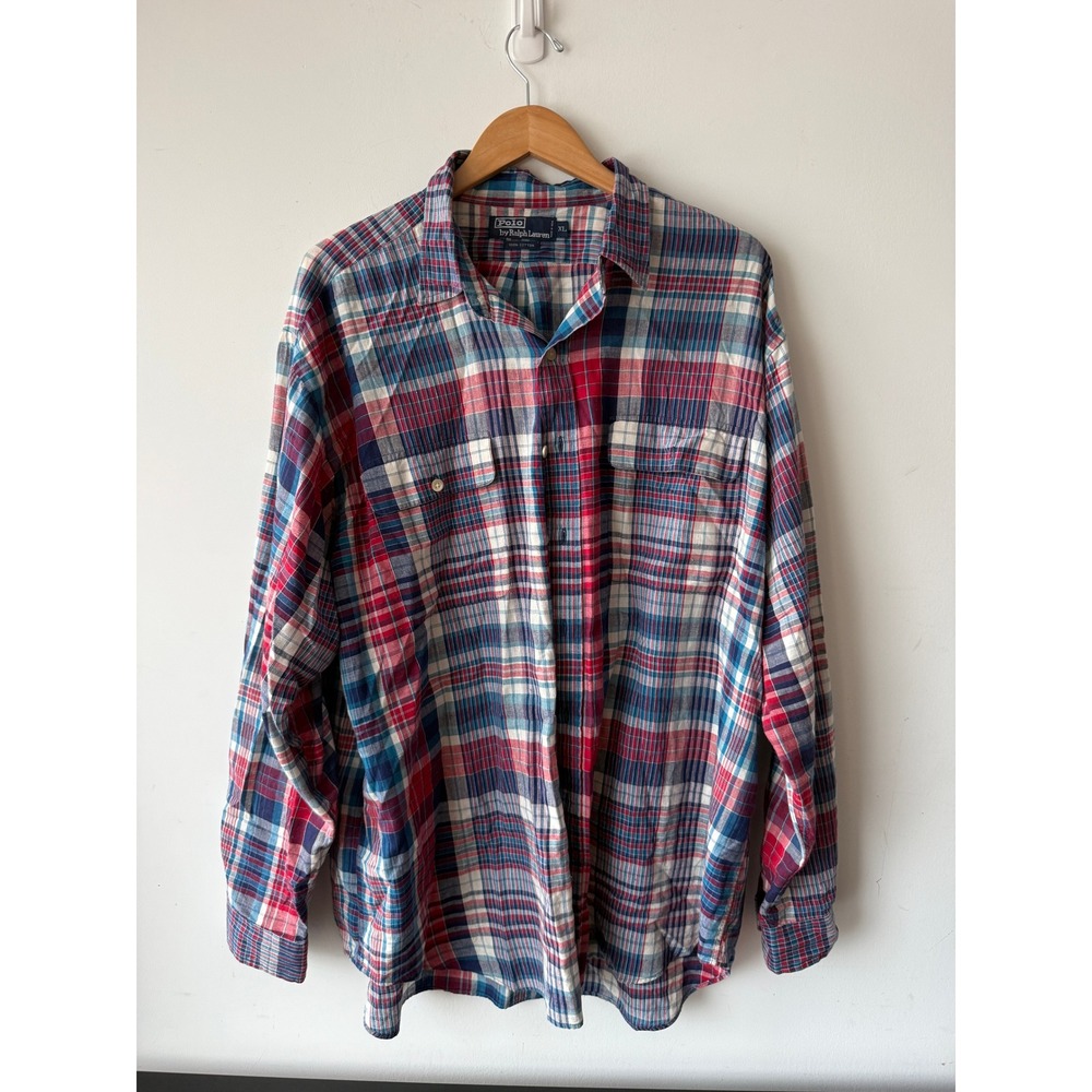 Polo Ralph Lauren Mens XL Plaid Button Shirt Long Sleeve Red Blue Cotton READ